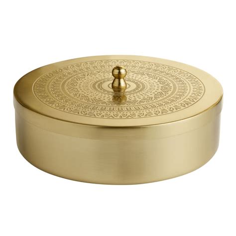 round gold metal etched mandala spice box with containers|Round Gold Metal Etched Mandala Spice Box with Containers.